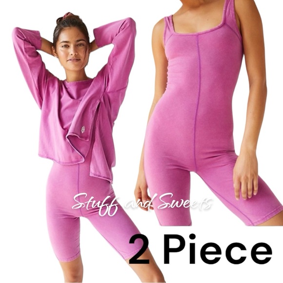 Free People Movement Hot Shot Runsie and long sleeve top Set / Magenta Disco XS - Picture 5 of 10